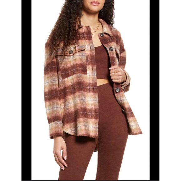 BP. Womens Plaid Button-Up Shacket S Brown/Beige Polyester/Cotton Blend - Picture 7 of 7